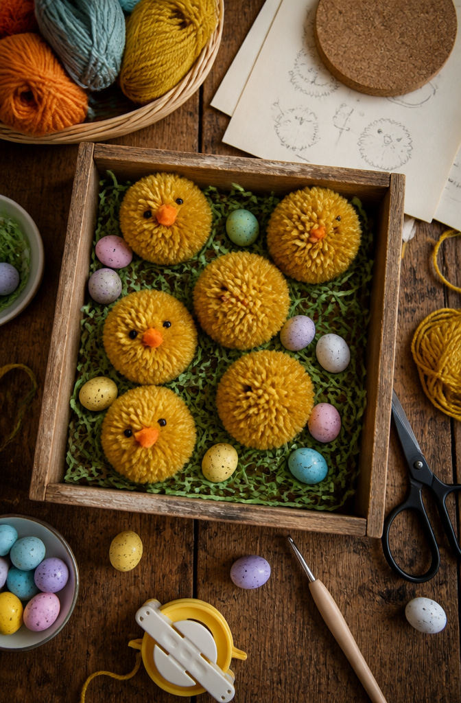 Fluffy yarn pom-pom chicks displayed on a surface.