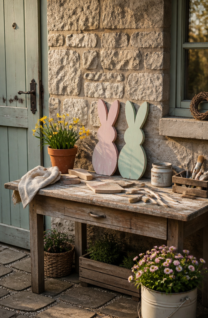 Simple wooden bunnies shaped from pine wood scraps.