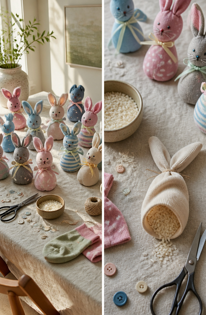 Sock bunnies made from mismatched socks, filled and tied.