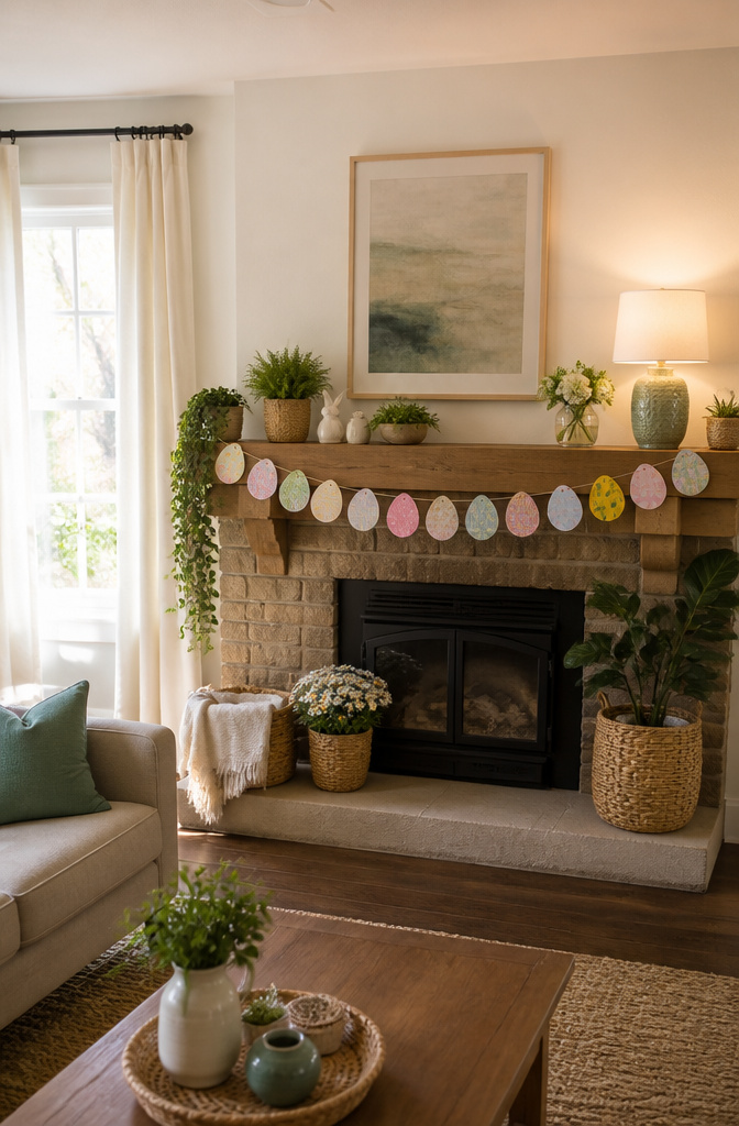 Paper eggs strung together on twine to create a garland.