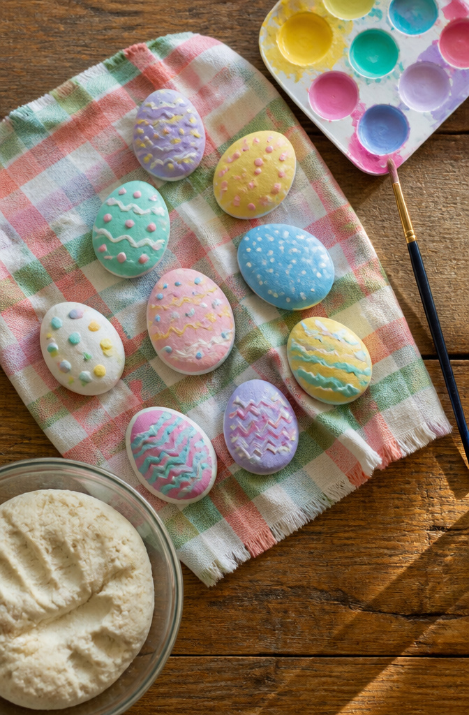 Egg-shaped salt dough pieces ready for painting.