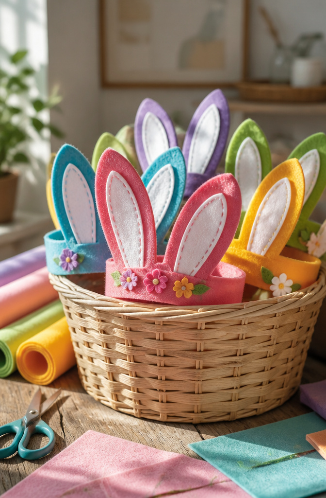 Colorful bunny ear crowns crafted from felt materials.
