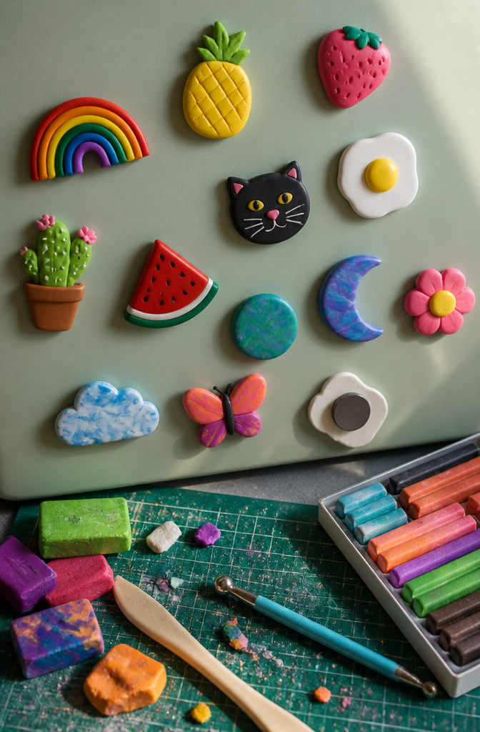 20 Easy DIY Gifts You Can Make for 2026 3 Various clay fridge magnets in different shapes and colors.