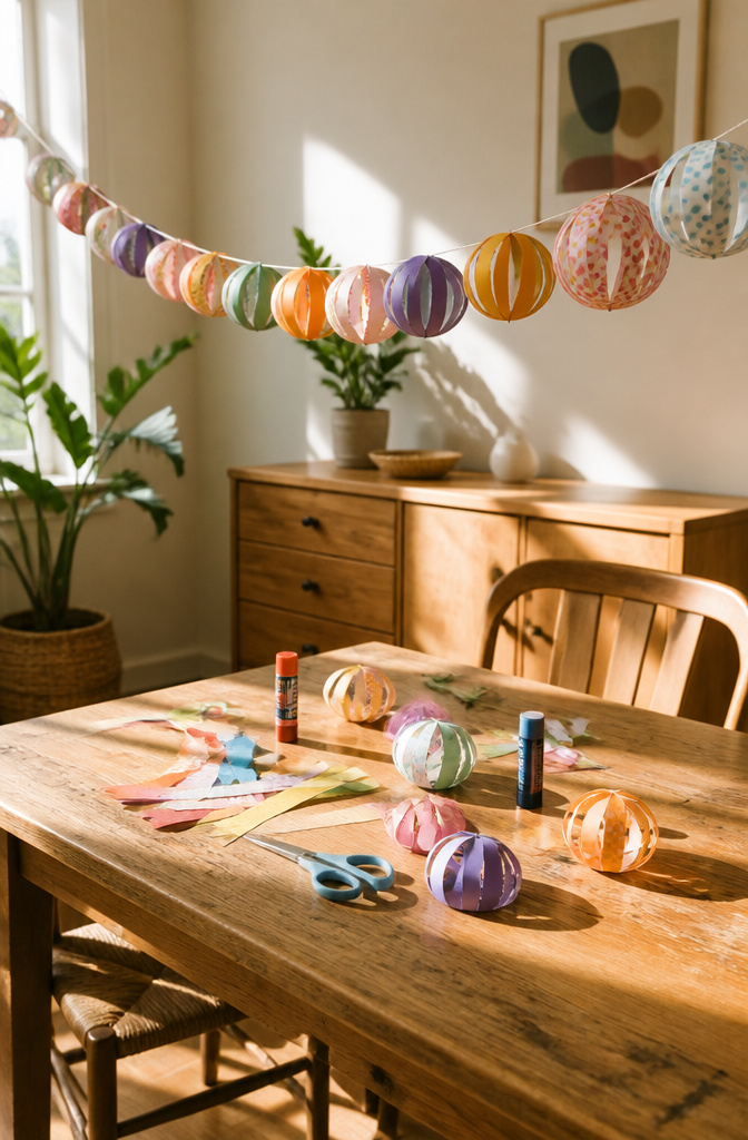 Colorful paper ball garland hanging across a wall.