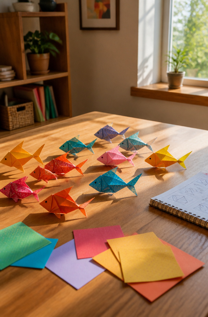 Colorful origami fish arranged on a table.