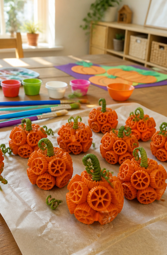 20 Halloween Crafts for Preschoolers (2026) 1 Noodle pumpkins crafted from pasta shapes covered in orange paint.