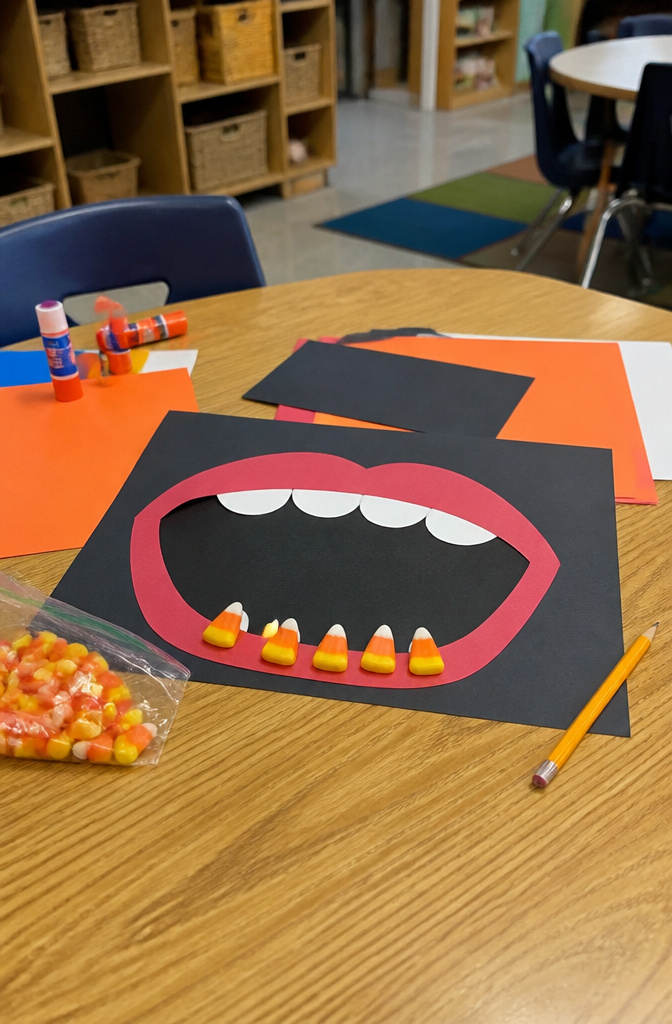 20 Halloween Crafts for Preschoolers (2026) 14 Large paper mouth with candy corn pieces representing teeth.