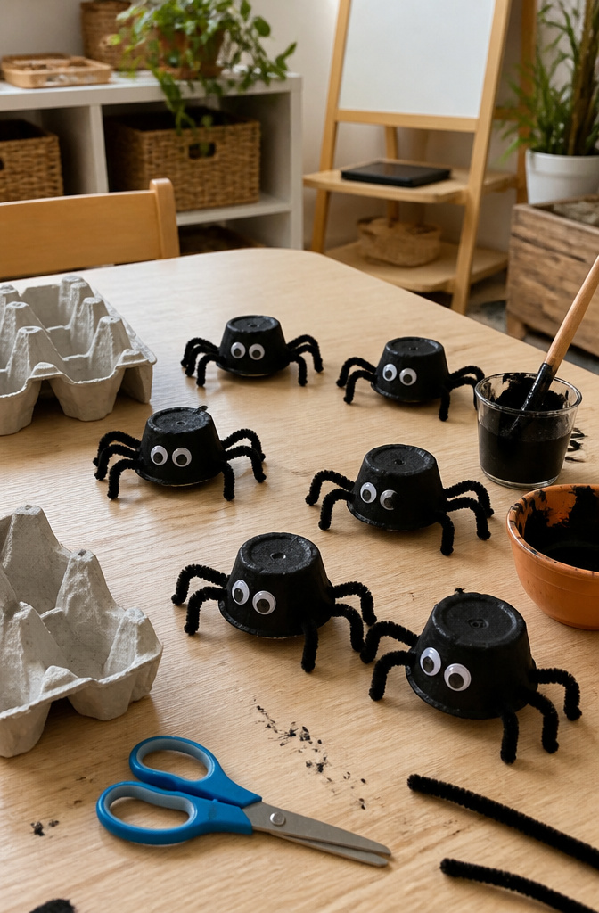 20 Halloween Crafts for Preschoolers (2026) 19 Spiders made from egg carton cups, painted black with legs.