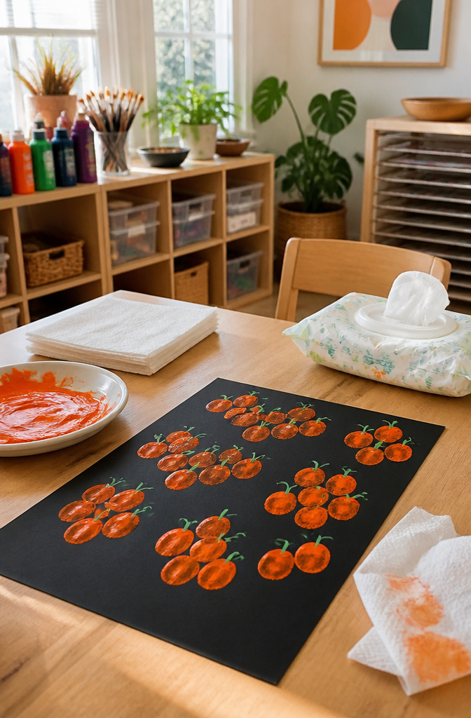 20 Halloween Crafts for Preschoolers (2026) 9 Fingerprint pumpkins made with orange paint on black paper.
