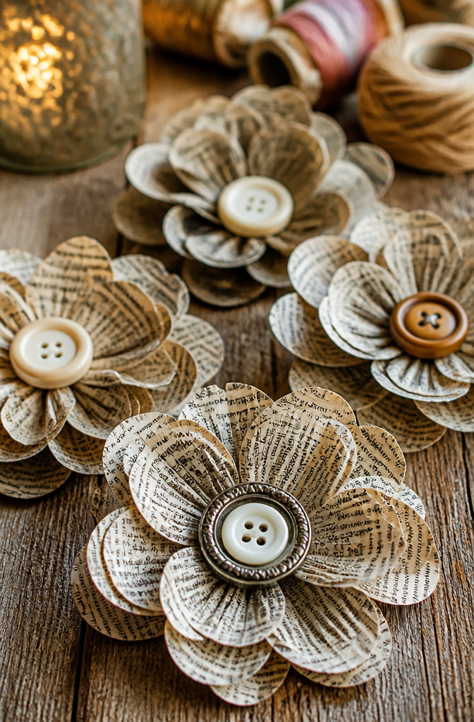 How to Make Newspaper Flowers: Painting, Cutting and Assembly 5 Close-up of a flower center featuring a button and layers of newspaper.