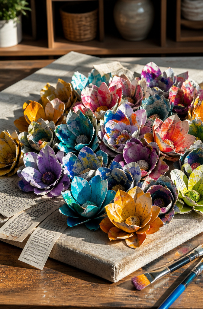 How to Make Newspaper Flowers: Painting, Cutting and Assembly 7 Collection of painted newspaper flowers on a textured canvas backdrop.