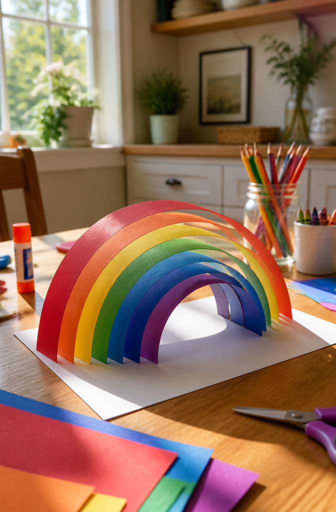 A paper rainbow made from construction paper strips on a wooden table.
