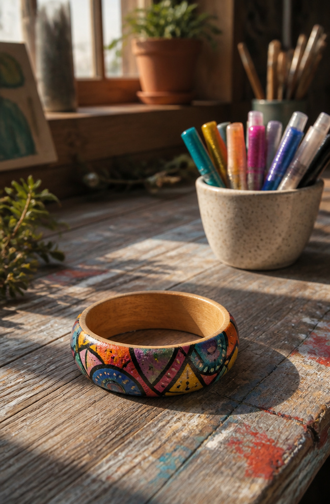 A painted wooden bracelet displayed on a weathered table.
