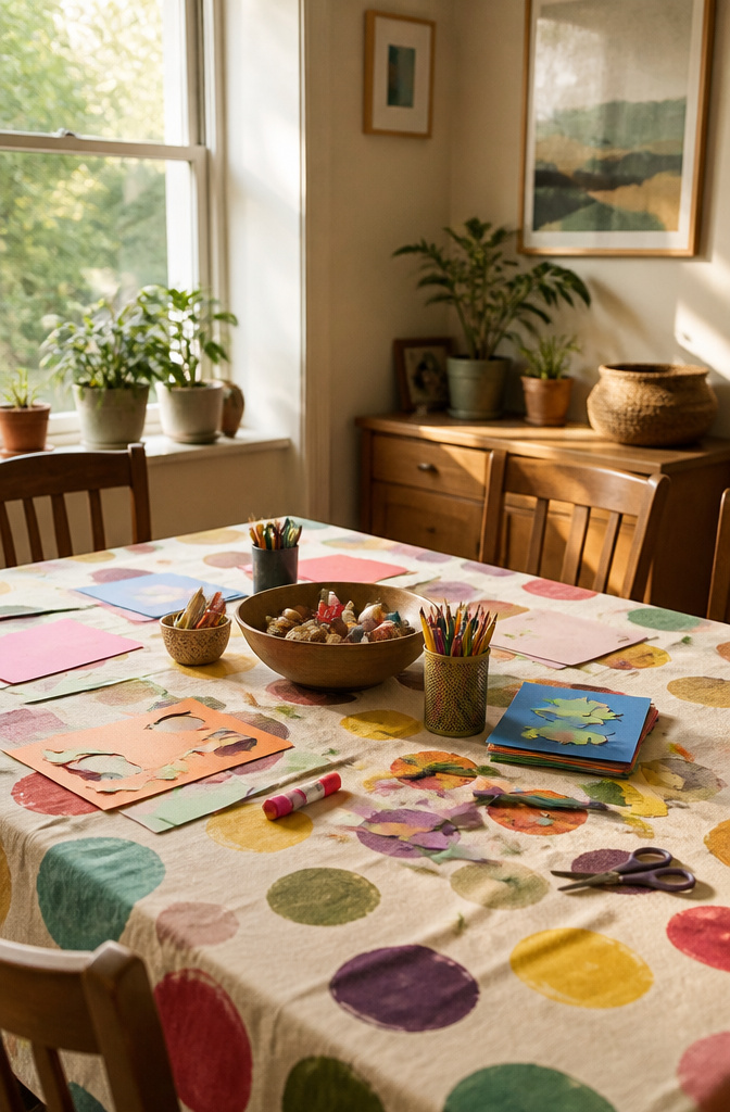 A kitchen table covered in colorful scraps and craft supplies after use.