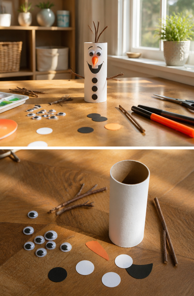 A painted toilet paper roll shaped like Olaf the snowman with paper details.