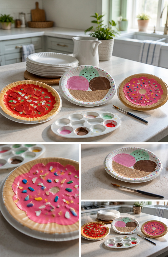 Paper plates painted to resemble ice cream, pizza, and a donut.