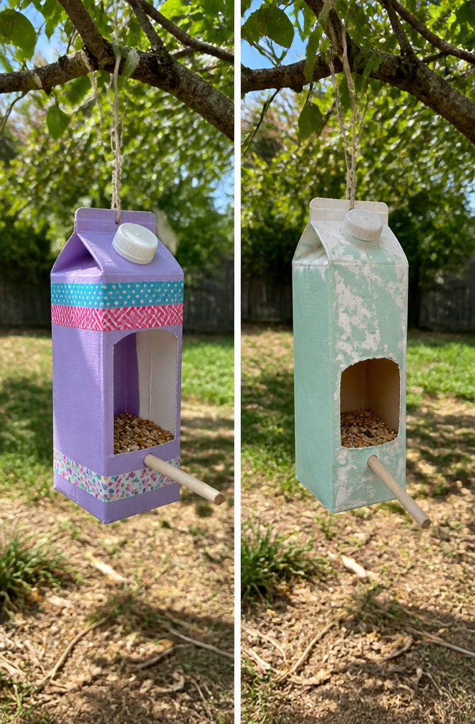 A milk carton bird feeder and a pine cone covered in birdseed.