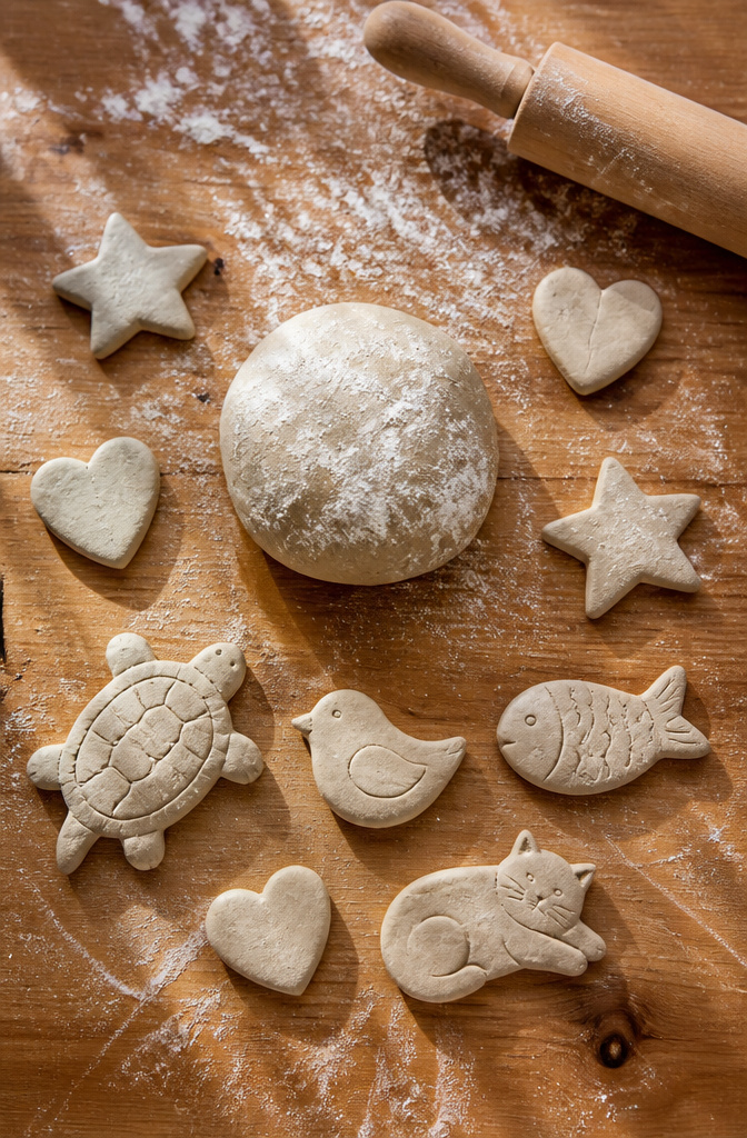 A collection of homemade clay figures on a table, ready for baking.