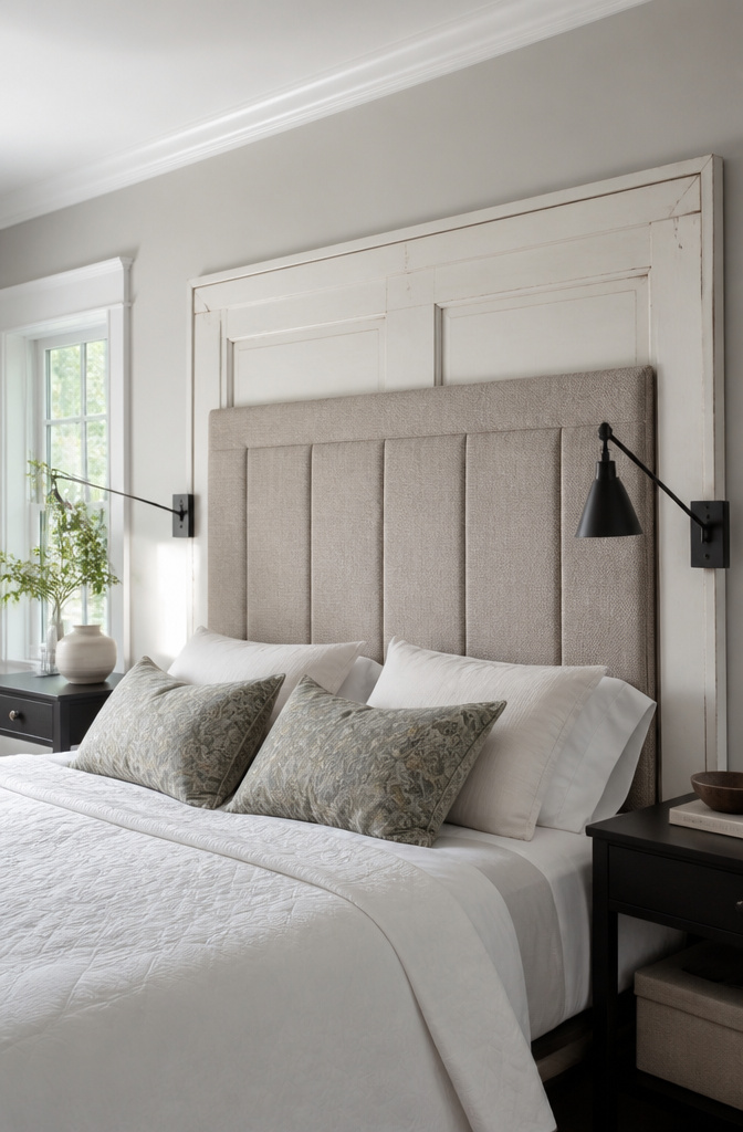 20 Unique Room Decor Ideas to Refresh Your Space for 2026 1 A large upholstered headboard reaching two-thirds up the wall.