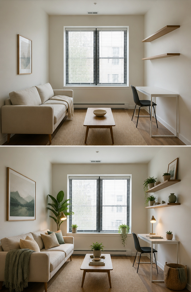 20 Unique Room Decor Ideas to Refresh Your Space for 2026 15 Wall-mounted shelves and furniture with visible legs in a small room.