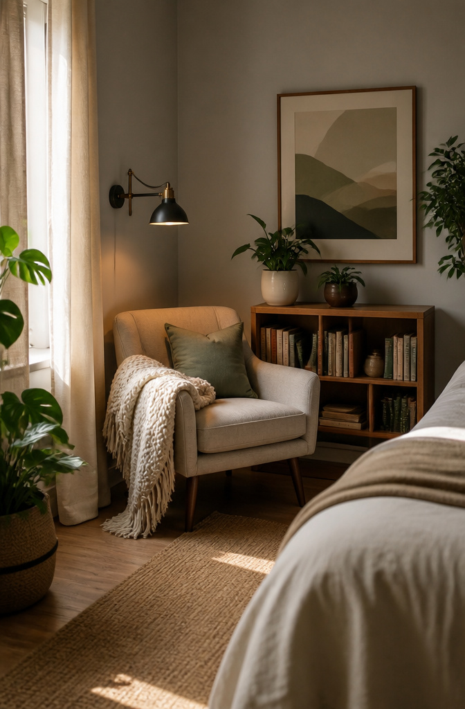 20 Unique Room Decor Ideas to Refresh Your Space for 2026 16 A plush reading chair with a wall-mounted lamp in a bedroom corner.