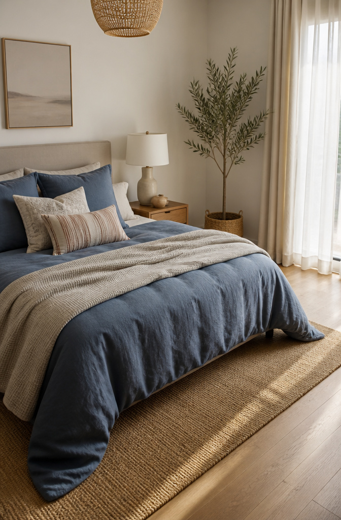 20 Unique Room Decor Ideas to Refresh Your Space for 2026 2 A bed with a solid linen duvet, waffle-weave blanket, and striped accent pillow.