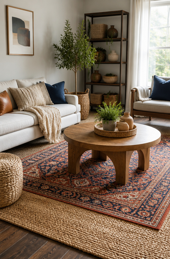 20 Unique Room Decor Ideas to Refresh Your Space for 2026 20 A living area featuring layered rugs and textured fabrics.