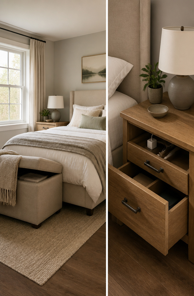 20 Unique Room Decor Ideas to Refresh Your Space for 2026 4 An ottoman storage bed and charging nightstand in a compact room.