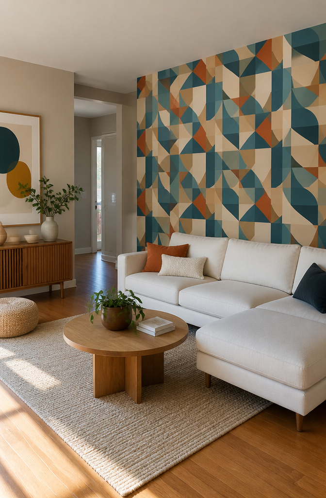 20 Unique Room Decor Ideas to Refresh Your Space for 2026 5 Peel-and-stick wallpaper with a geometric pattern on a feature wall.