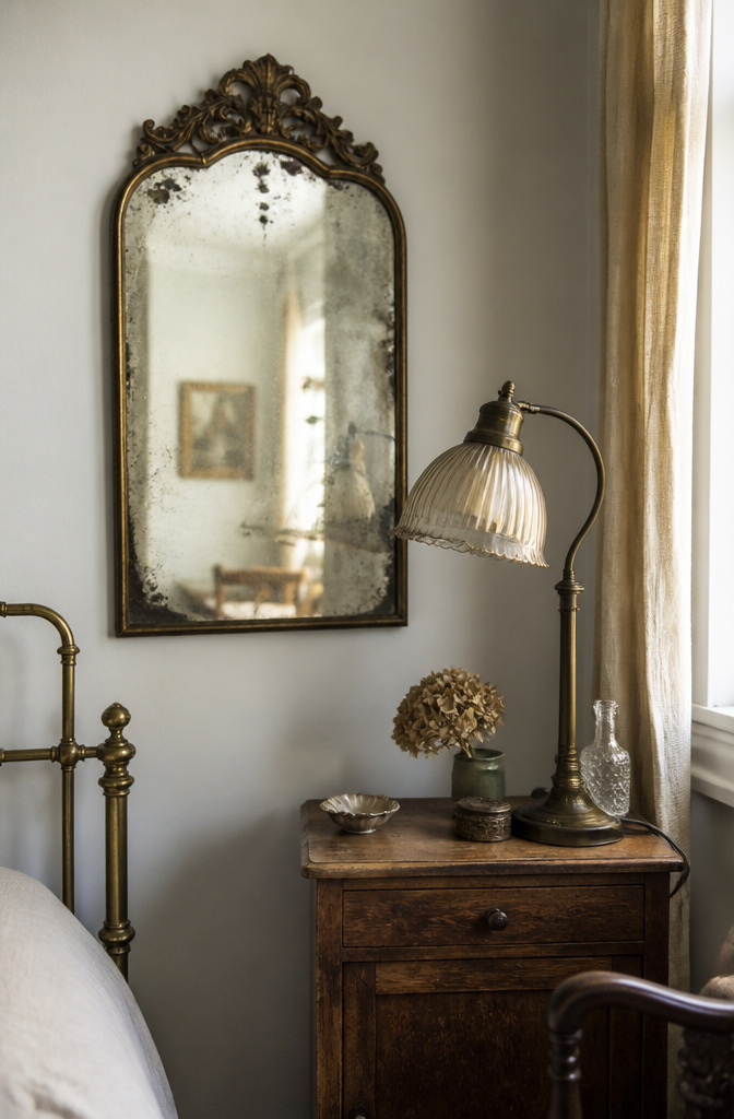 20 Unique Room Decor Ideas to Refresh Your Space for 2026 9 An antique mirror and a vintage desk lamp on a side table.