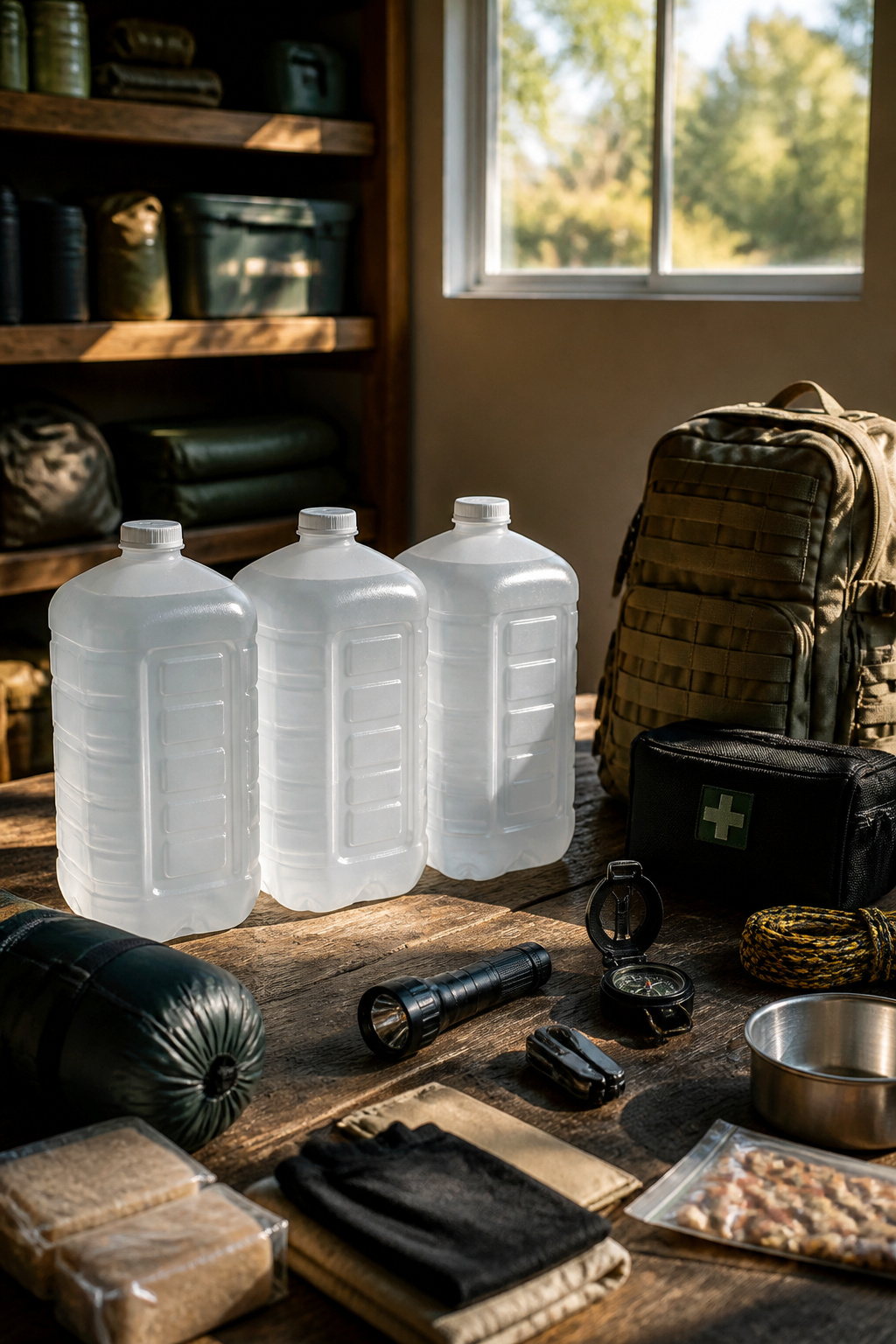 72 Hour Kit: What to Pack for Three Days of Self-Reliance 1 Three translucent water containers, each holding a gallon of water.