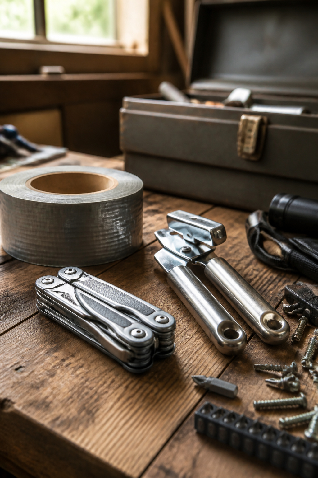 72 Hour Kit: What to Pack for Three Days of Self-Reliance 9 A multi-tool, duct tape, and a manual can opener on a wooden workbench.