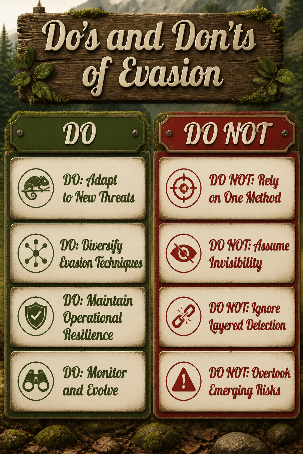 Avoid Detection: Evasion Methods in Cybersecurity and Malware, 2026 13 An information image outlining do's and don'ts of evasion in cybersecurity.