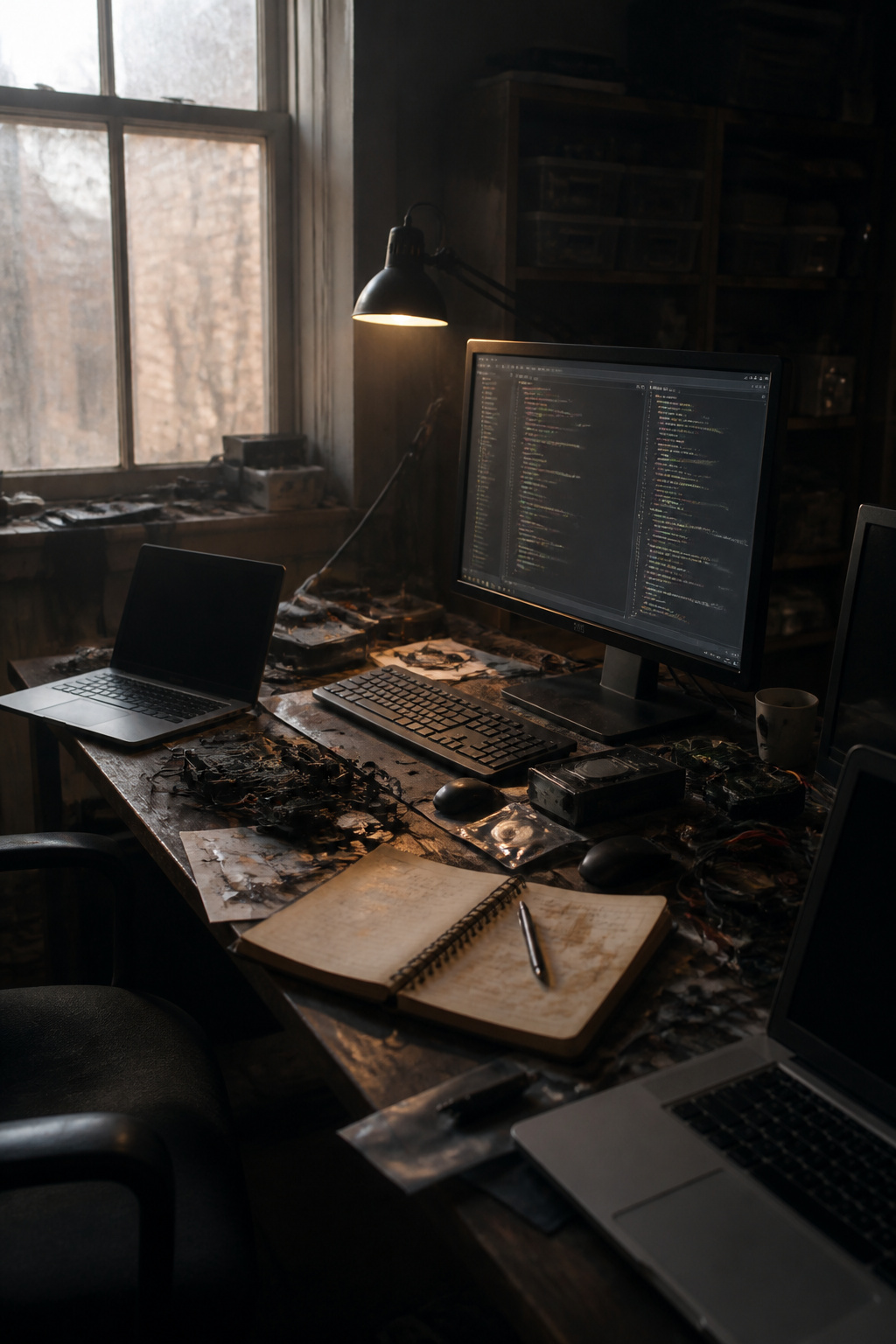 Avoid Detection: Evasion Methods in Cybersecurity and Malware, 2026 3 A cluttered desktop with a monitor displaying obfuscated code and notes.