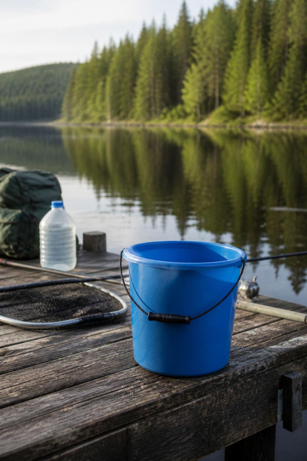 Bailer bucket on the edge of a wooden pier.