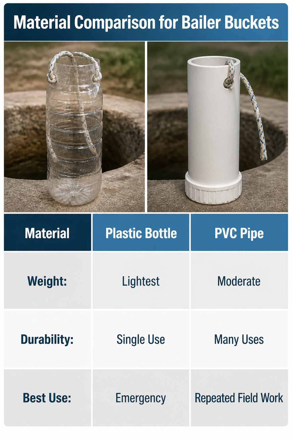 Material comparison chart for bailer buckets.