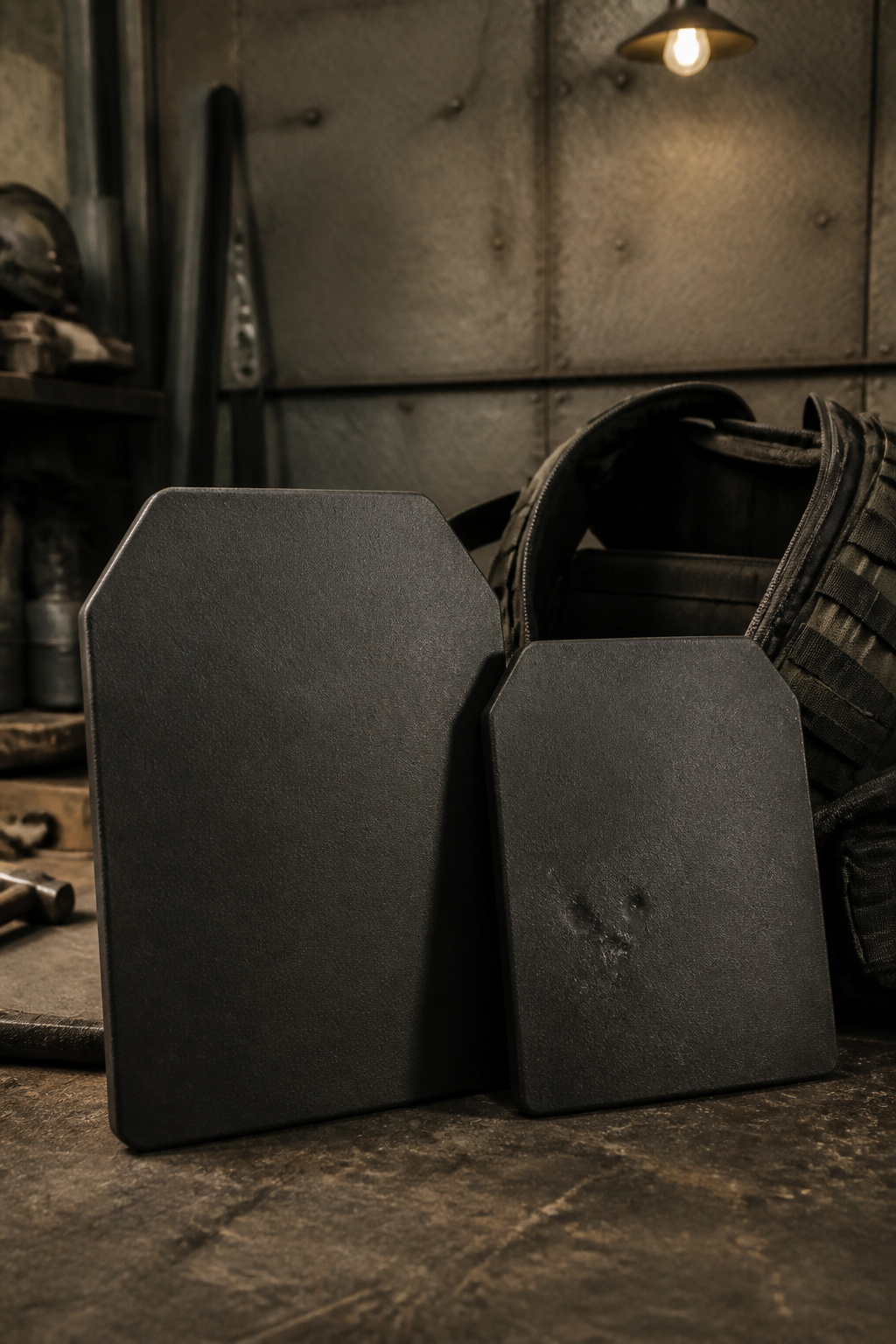 Body Armor: Soft, Hard, Concealable, Tactical, Backpack & Vehicle 2 Ceramic and steel hard body armor plates on a table.