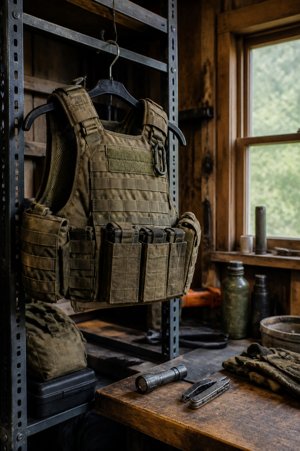 Body Armor: Soft, Hard, Concealable, Tactical, Backpack & Vehicle 4 Tactical vest equipped with pouches and hard armor plates on a metal rack.