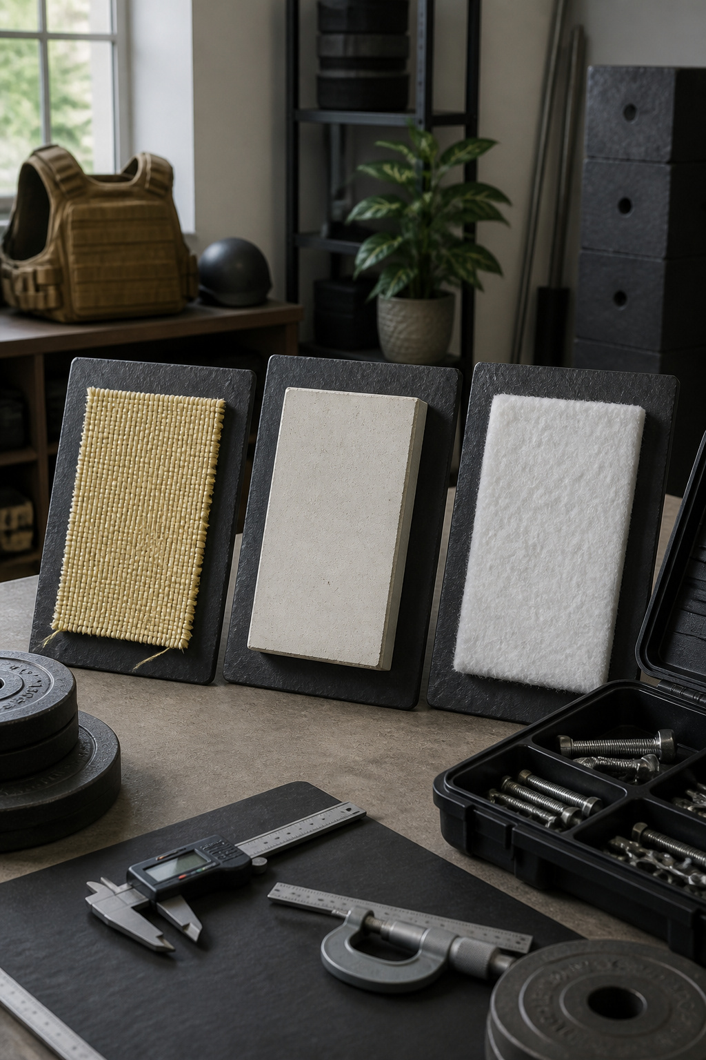 Body Armor: Soft, Hard, Concealable, Tactical, Backpack & Vehicle 8 Display of various body armor materials on a slate board.