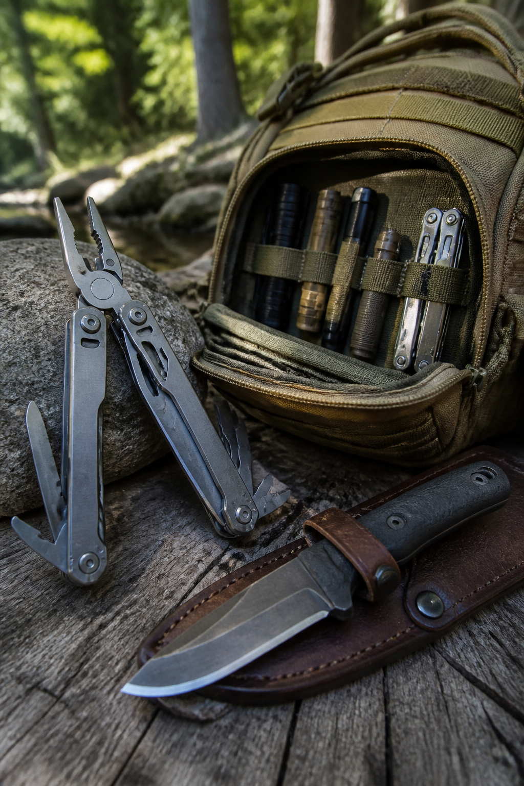 Bug Out Bag Essentials: What to Pack for Emergencies in 2026 10 A multi-tool and fixed-blade knife on a wooden background.