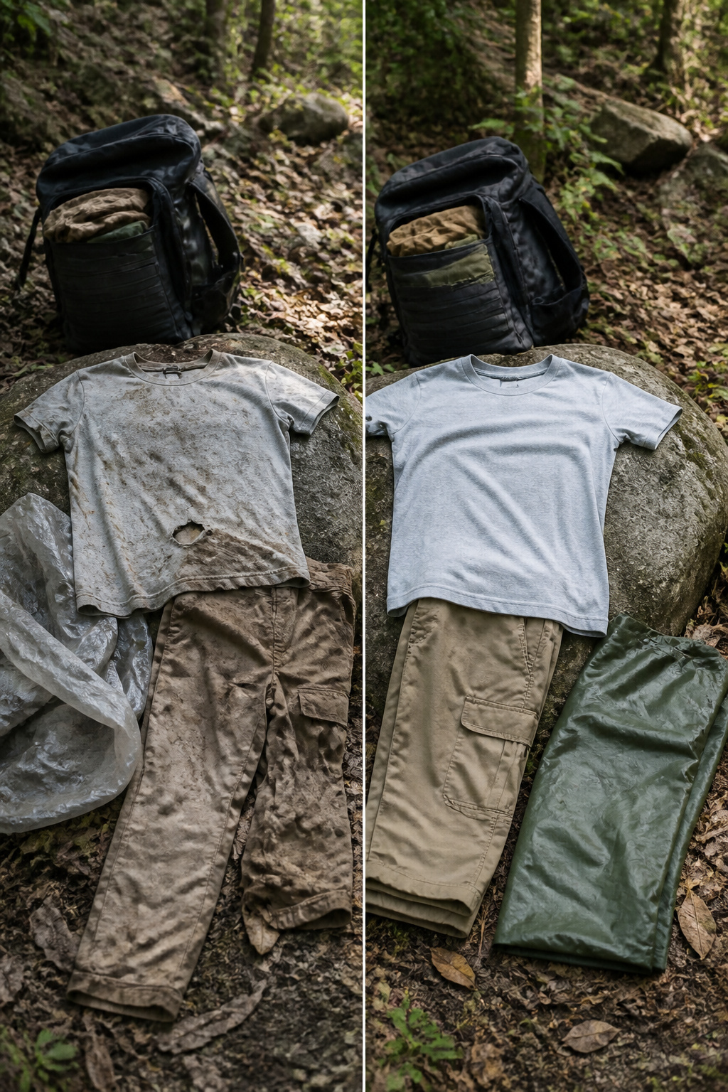 Bug Out Bag Essentials: What to Pack for Emergencies in 2026 12 Spare clothing items displayed on a rough surface.