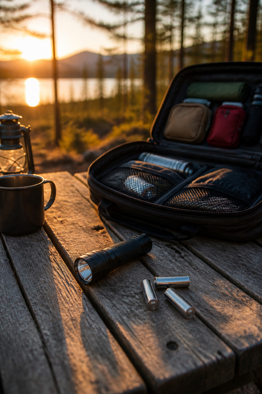 Bug Out Bag Essentials: What to Pack for Emergencies in 2026 4 A flashlight and batteries on a camping table with a bug out bag.