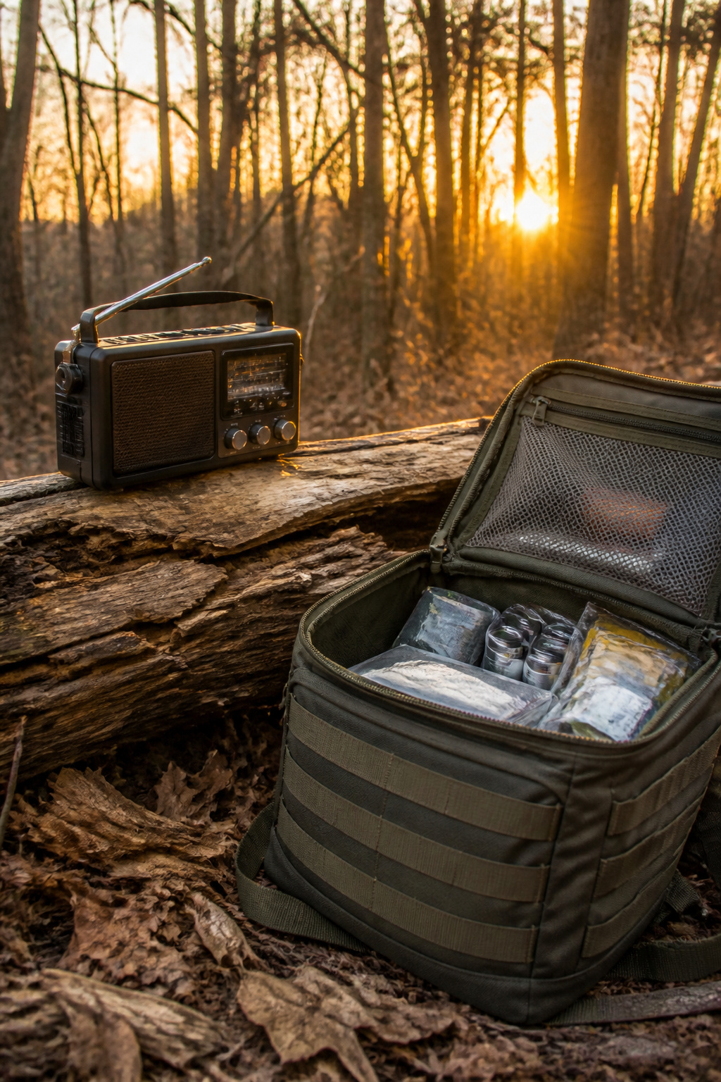 Bug Out Bag Essentials: What to Pack for Emergencies in 2026 5 A sturdy radio on a log with a bug out bag in the background.