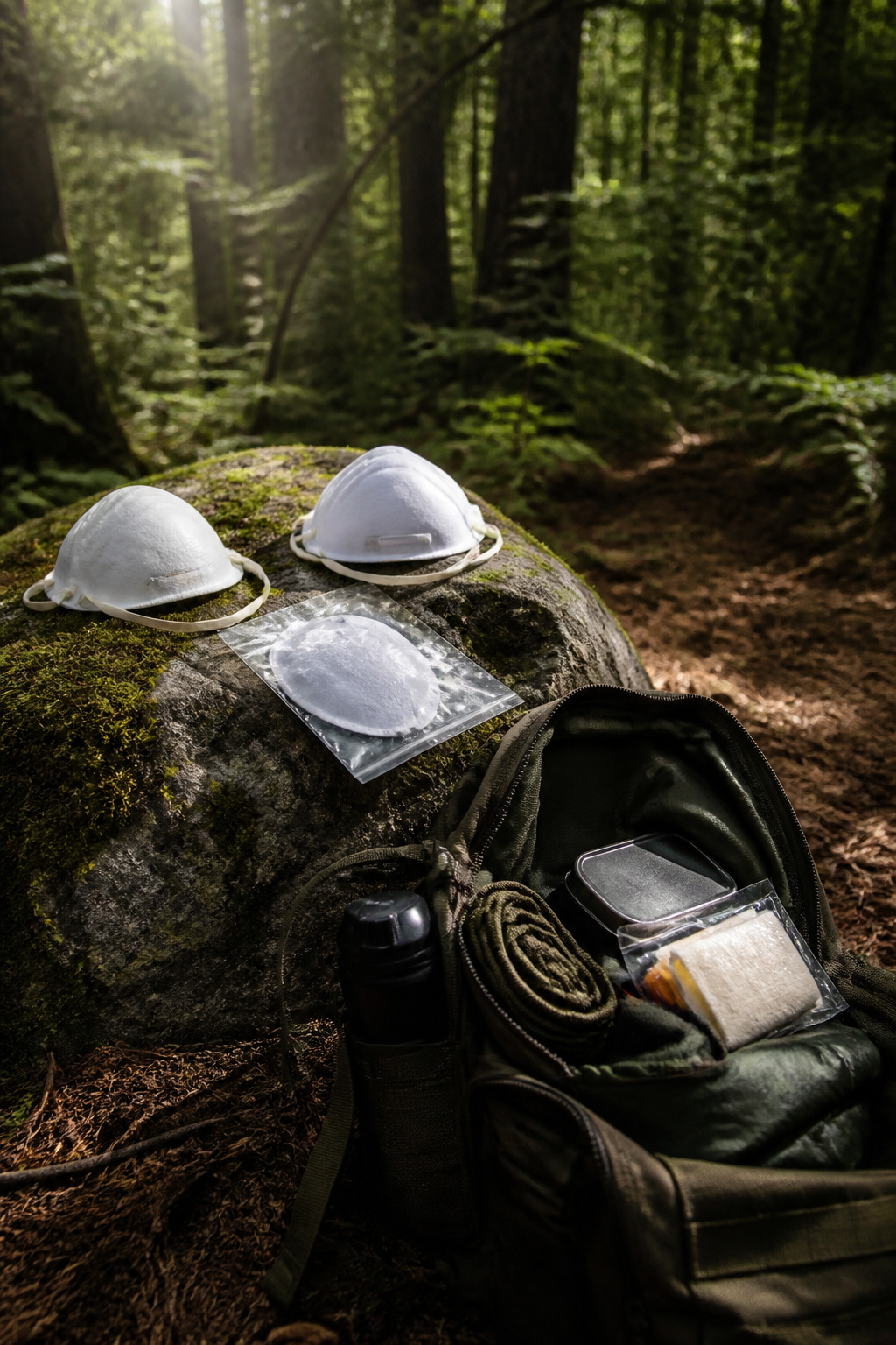 Bug Out Bag Essentials: What to Pack for Emergencies in 2026 7 Two N95 dust masks on a moss-covered rock near a bug out bag.