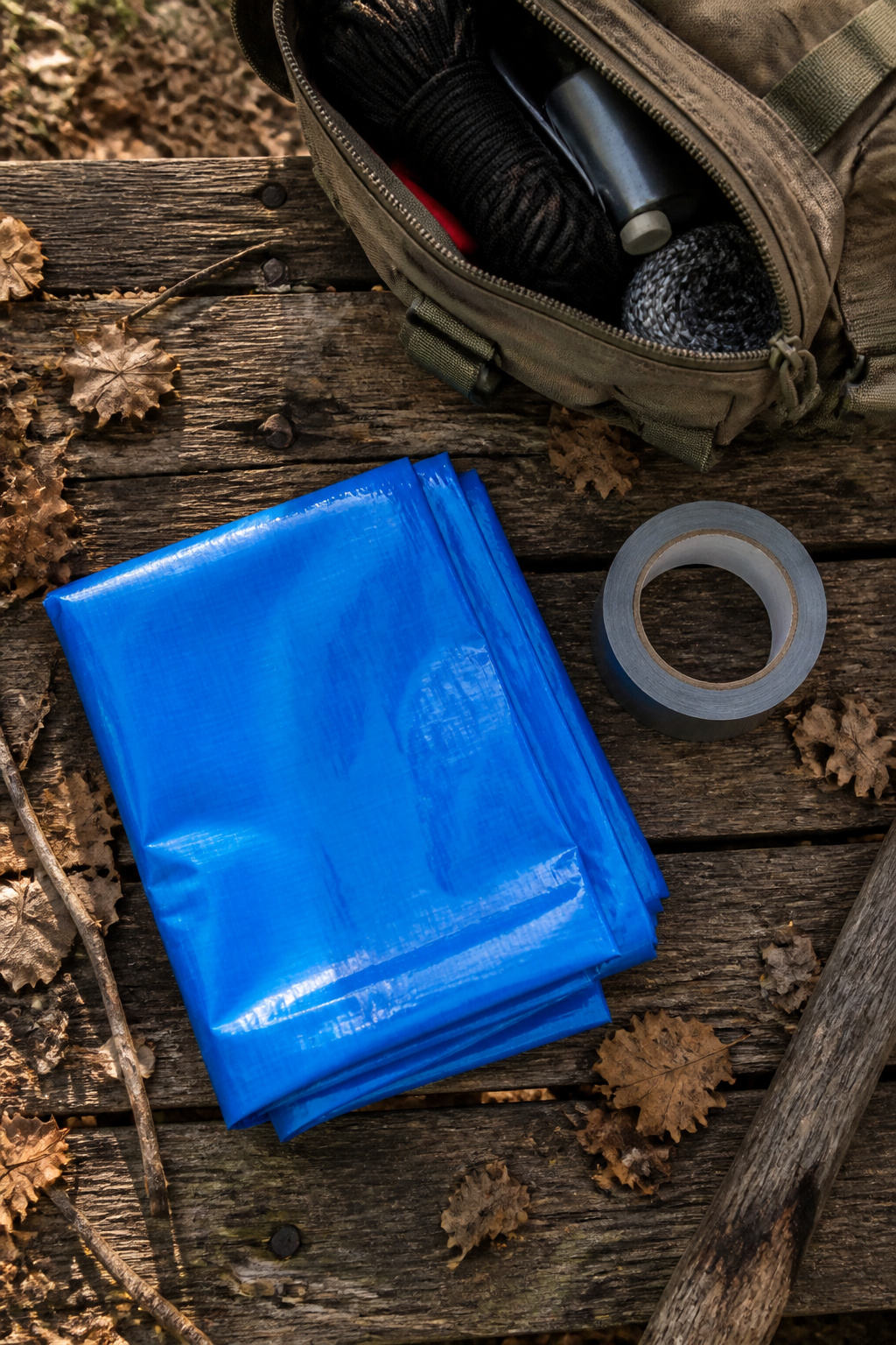 Bug Out Bag Essentials: What to Pack for Emergencies in 2026 8 A folded sheet of plastic sheeting on a rock with duct tape.