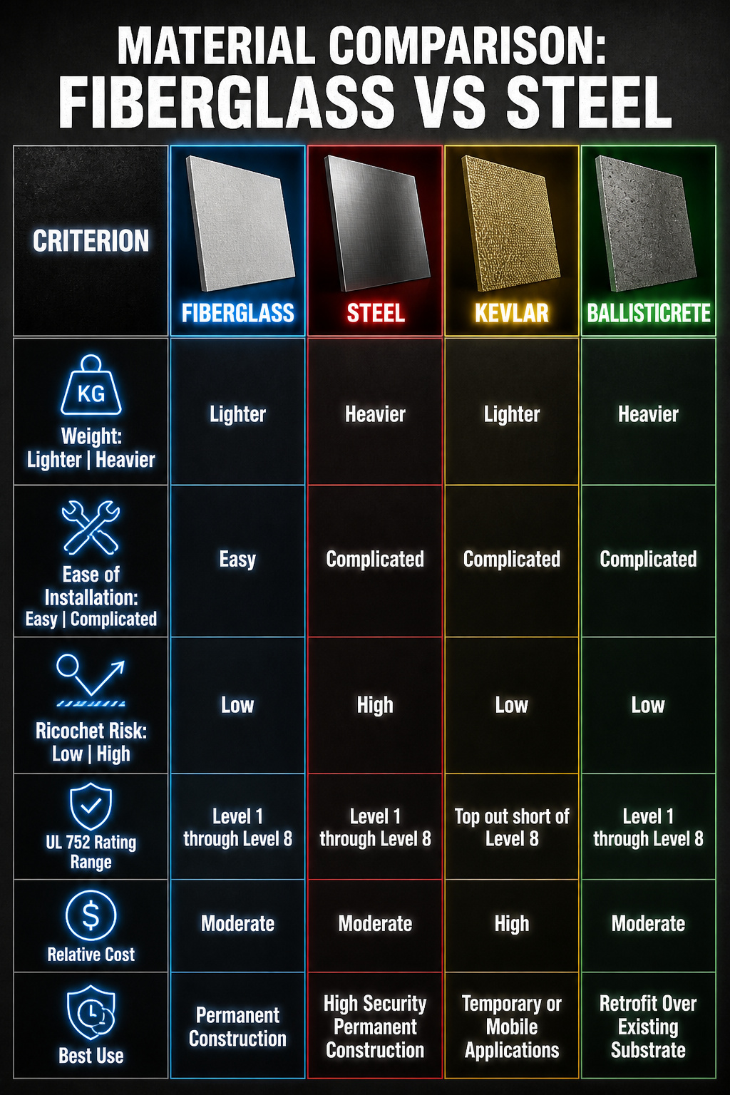 Bullet Resistant Wall Construction: Panels, Materials and Installation 5 Material comparison image highlighting fiberglass and steel panels.