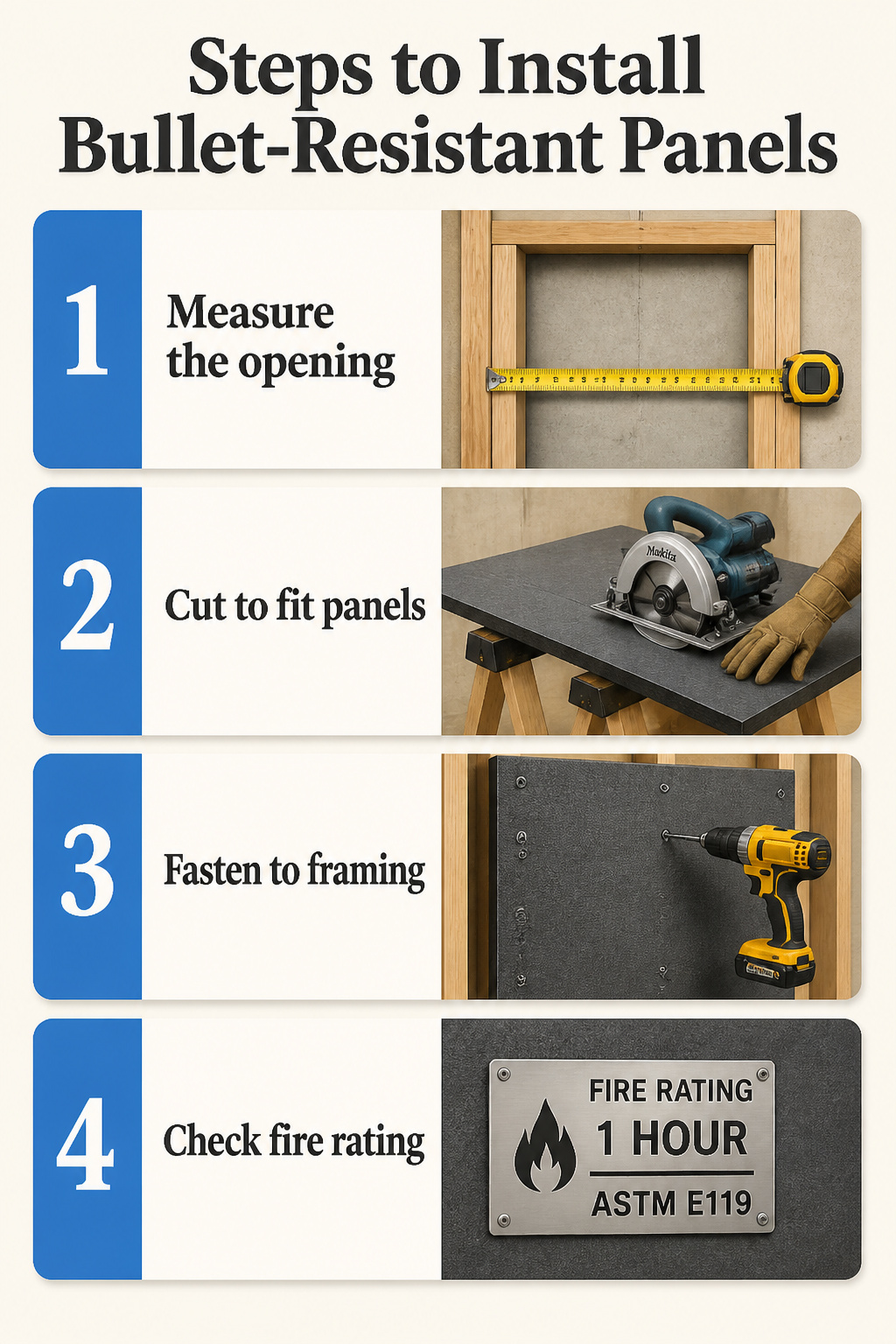 Bullet Resistant Wall Construction: Panels, Materials and Installation 7 Information image detailing steps to install bullet-resistant panels.