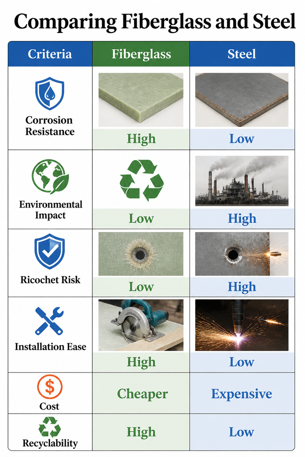 Bullet Resistant Wall Construction: Panels, Materials and Installation 9 Material comparison image contrasting fiberglass and steel for wall construction.