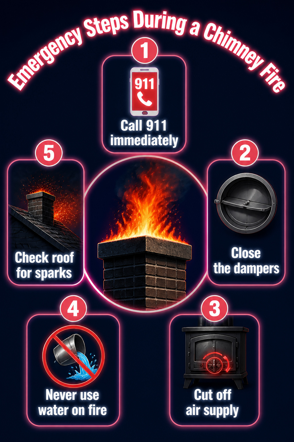 Chimney Fire: Causes, Signs, Risks and Prevention Guide 2026 7 An infographic detailing emergency steps to take during a chimney fire.