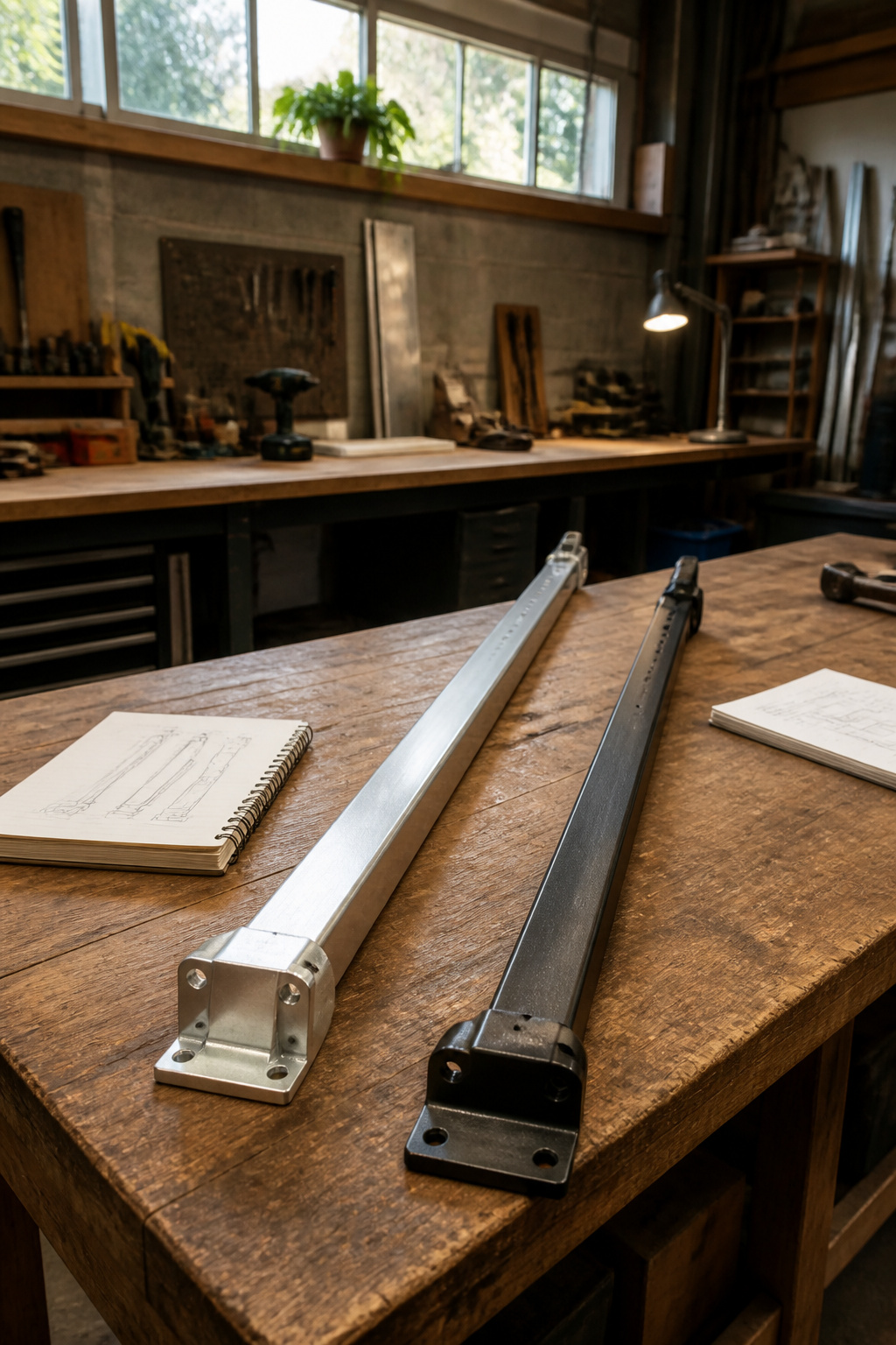 Comparison of aluminum alloy and steel security bars on a table.